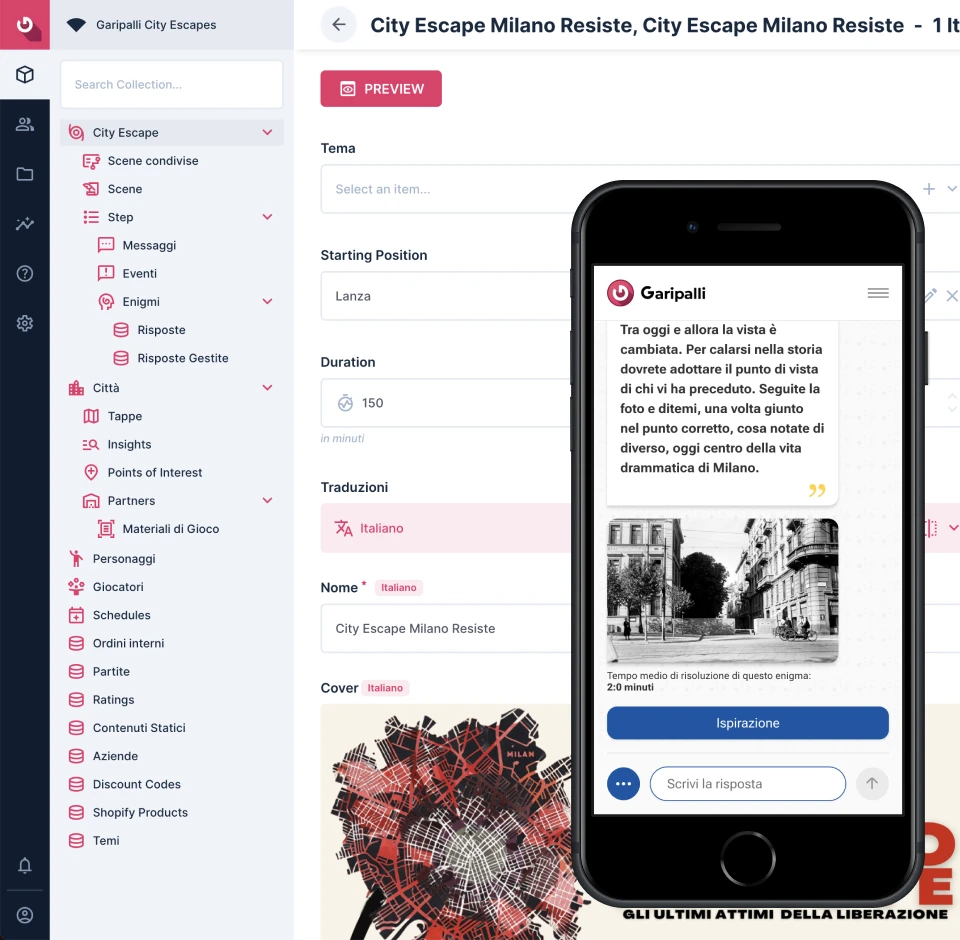 The City Escape Milano Resiste open in the Garipalli backoffice, with the same escape played in the chat-based game app on a phone: an archive photo of Milan, a puzzle prompt and the average time players take to solve it