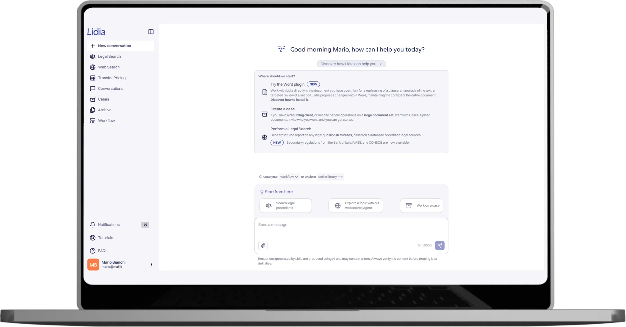 The Lidia platform home screen, with shortcuts to the Word plugin, cases, legal research and workflows