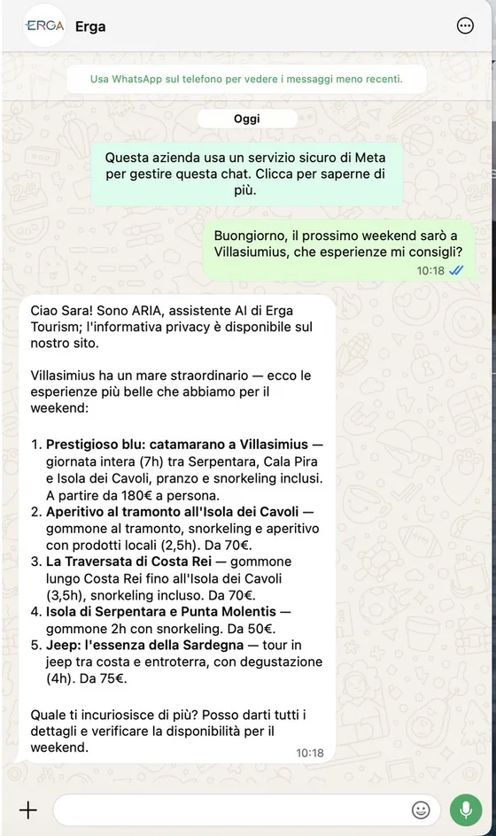 ARIA answering a pre-sales question on WhatsApp about experiences in Villasimius